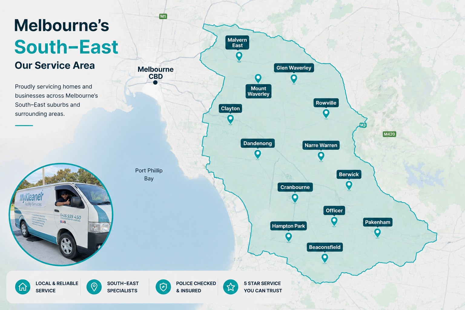 Map of MyKleaner's Melbourne South-East service area