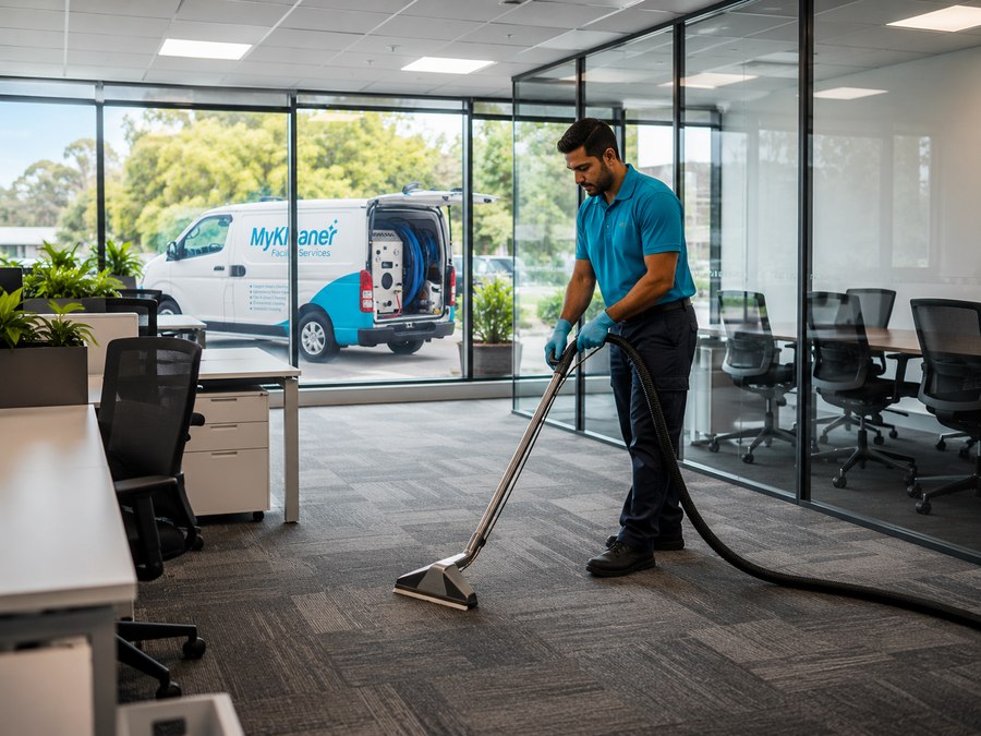 MyKleaner technician performing commercial carpet cleaning in an office, with the MyKleaner service van visible outside
