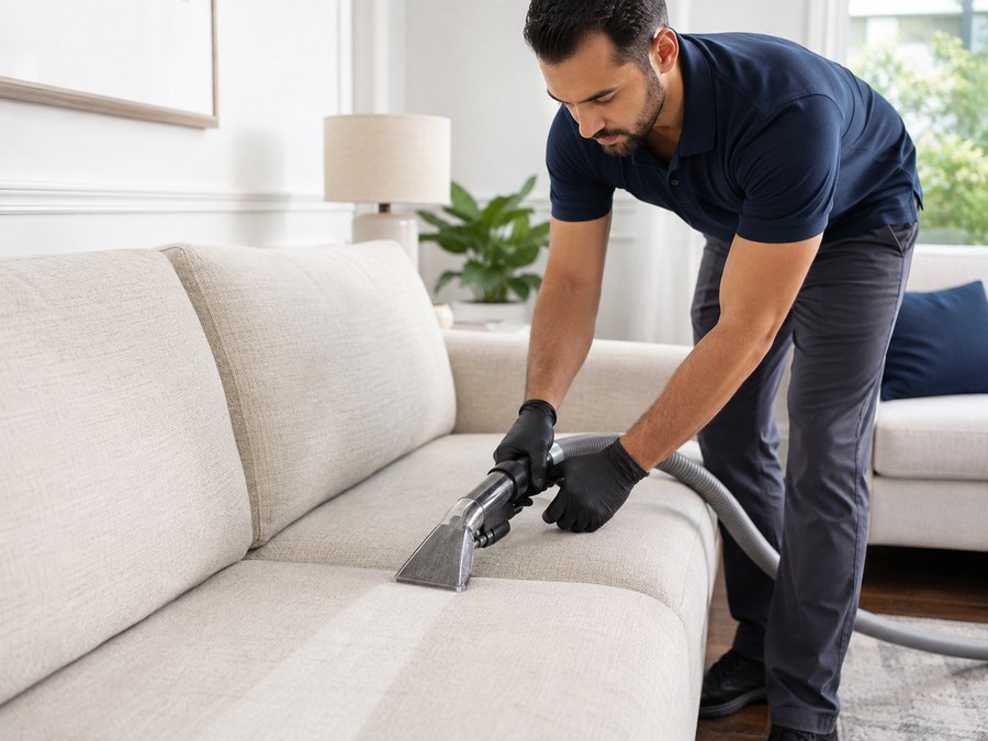 MyKleaner technician performing professional upholstery cleaning on a sofa