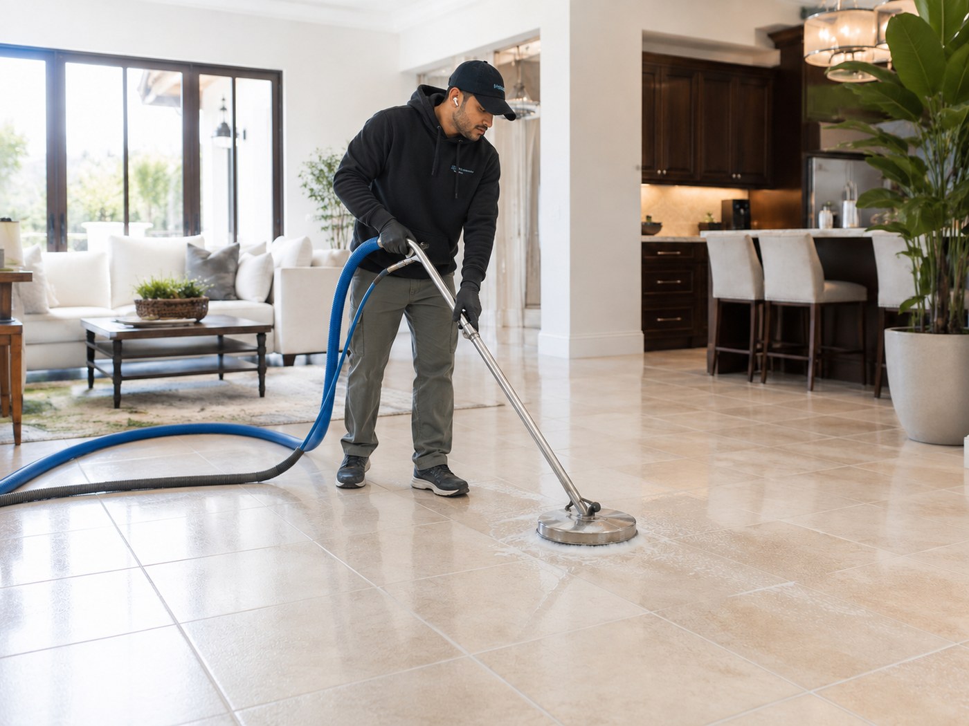 MyKleaner technician performing professional tile and grout cleaning with tile cleaning equipment