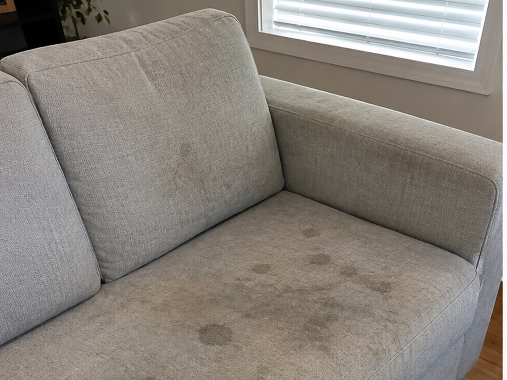 Sofa cushion before professional MyKleaner upholstery cleaning, showing dirt and staining