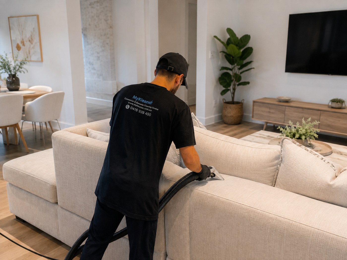 MyKleaner technician performing professional upholstery cleaning on a sofa